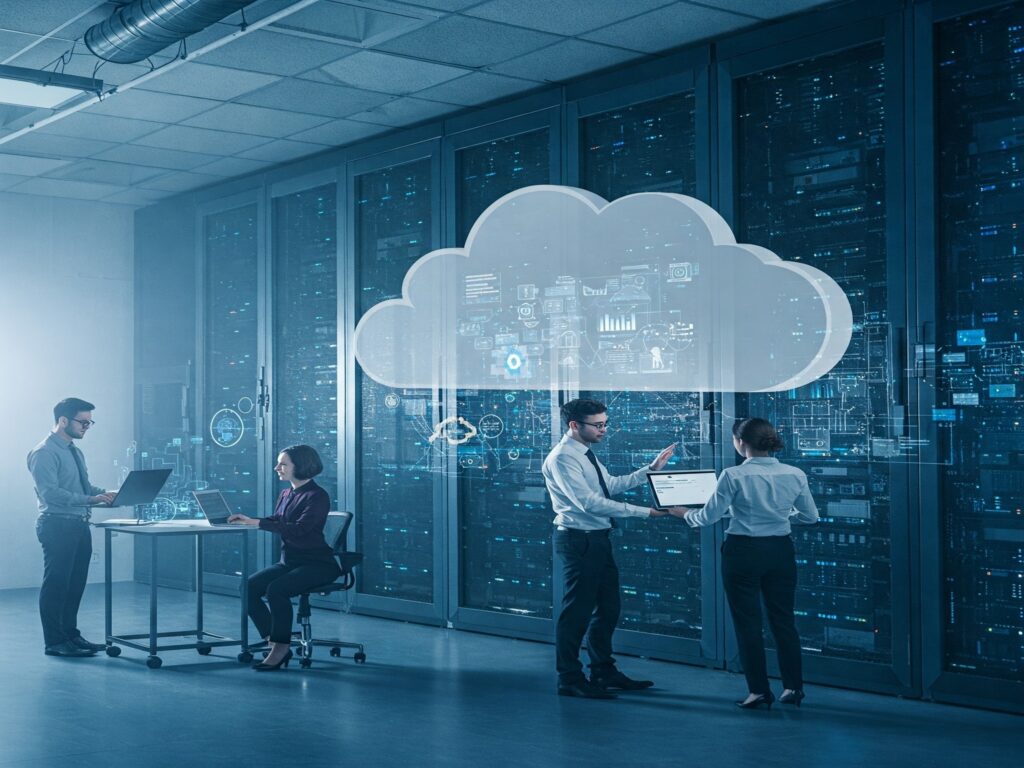 Engineers working on laptops in a data center during a cloud migration